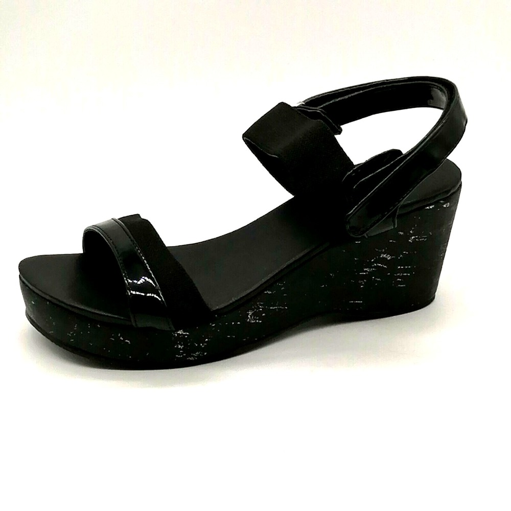 Amiana Shoes Womens Black EUR 38 Slingback Sandal Platform Wedge‎ Hook Loop NEW